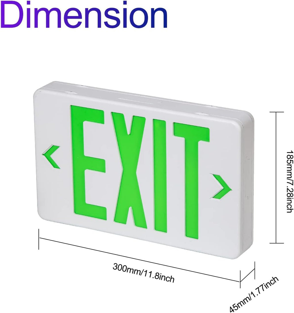 Green Exit Sign, LED Emergency Exit Light with Battery Backup, UL Listed, AC 120/277V, Hardwired Exit Signs with