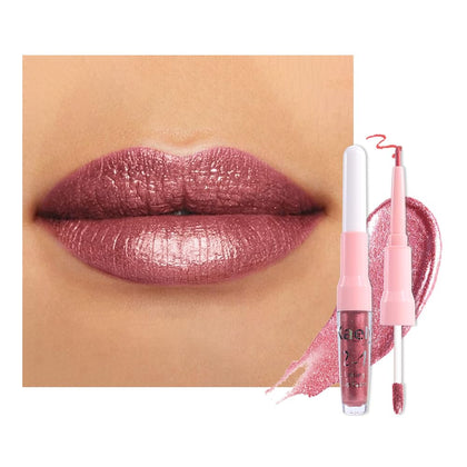 2-in-1 Mauve Metallic Lipstick and Lip Liner Makeup, Shimmer Liquid Metallic Lipsticks for Women, Glitter Lip Gloss