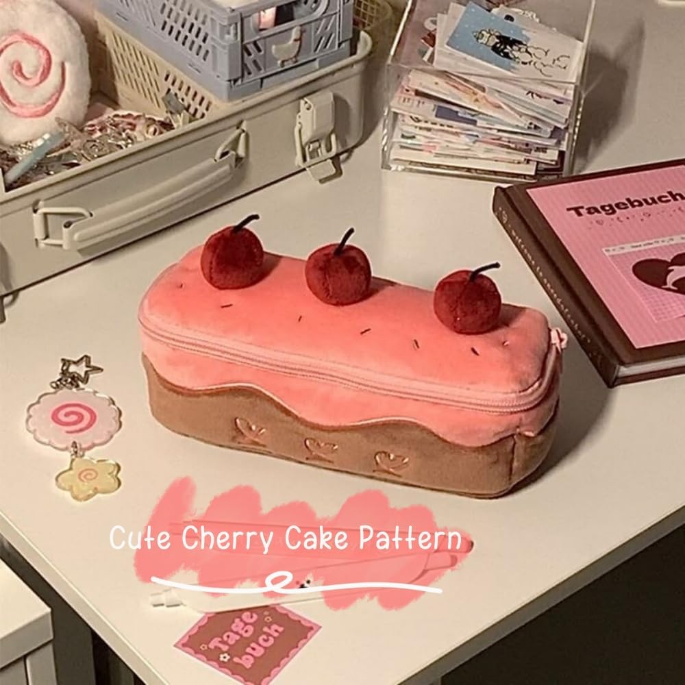Cherry Cake Pencil Case Big Capacity Pen Holder Plush Pencil Pouch Box Cute Aesthetic Pen Case (Cherry)