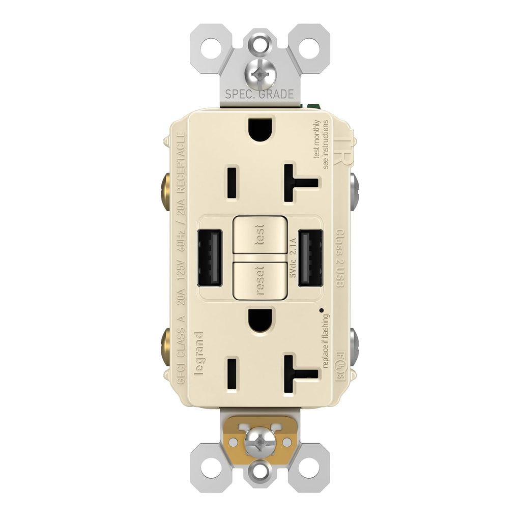 Legrand Radiant 20 Amp TR GFCI Outlet USB Type A Light Almond 1 Pack
