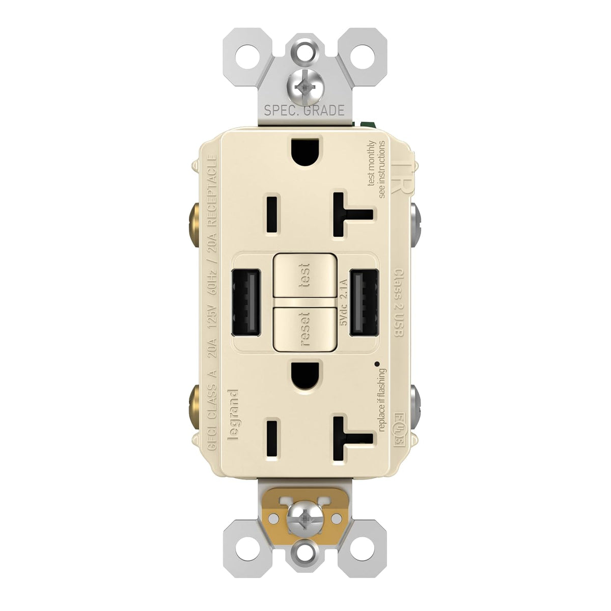 Legrand Radiant 20 Amp TR GFCI Outlet USB Type A Light Almond 1 Pack