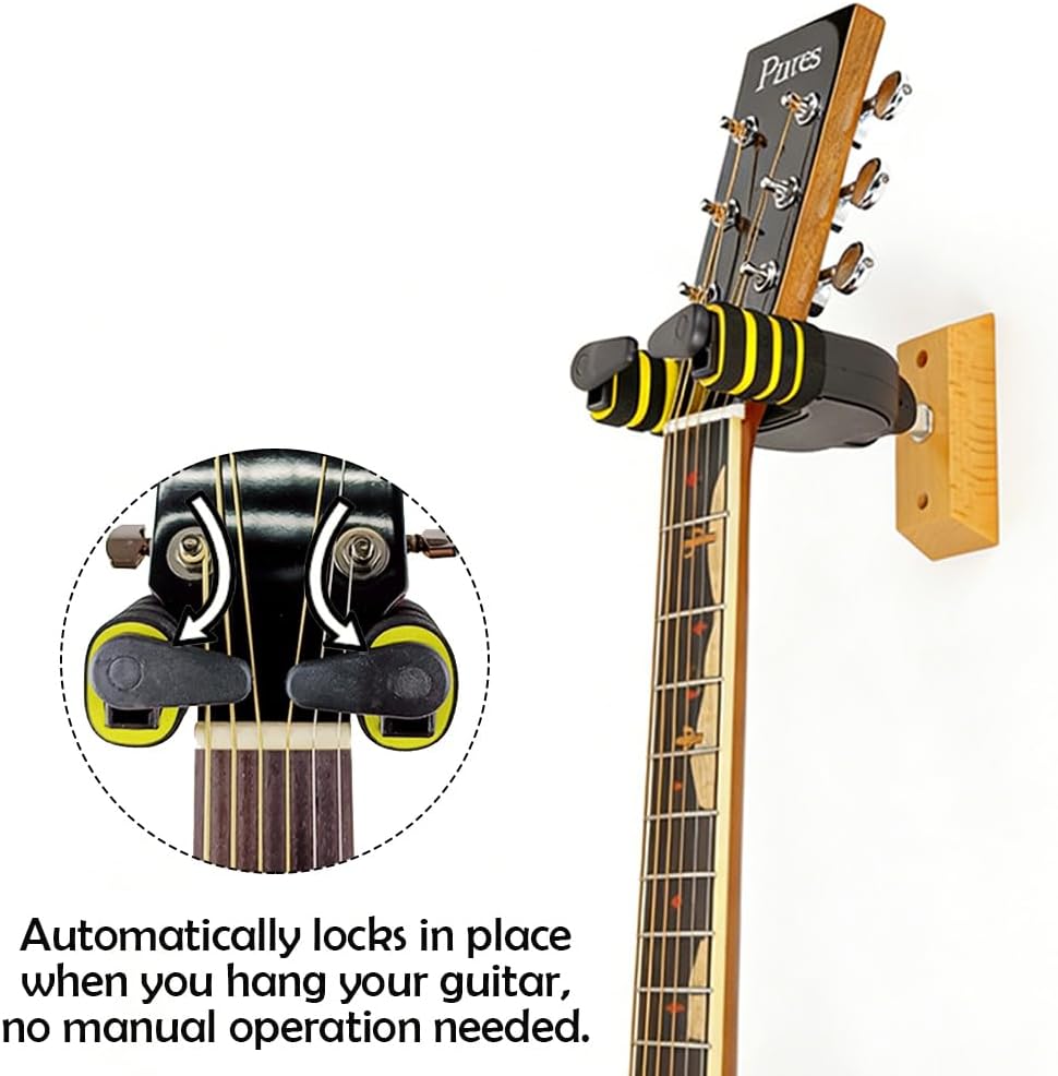 Non-Scratch Self Locking Guitar Wall Mount with Solid Wood Base | Auto Lock Guitar Hanger Hook for