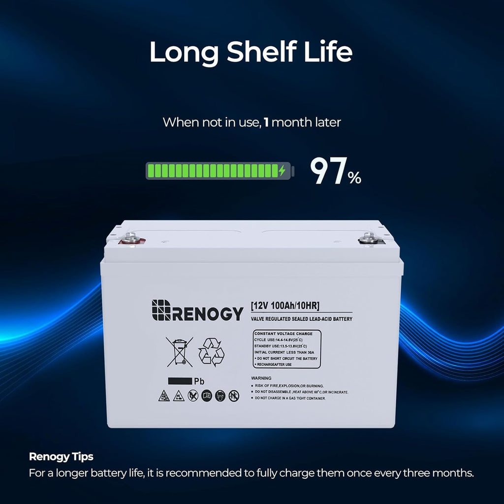 12 Volt 100Ah Deep Cycle AGM Battery, Lead Acid Solar Battery | 3% Self-Discharge Rate, 1100A Max Discharge Current