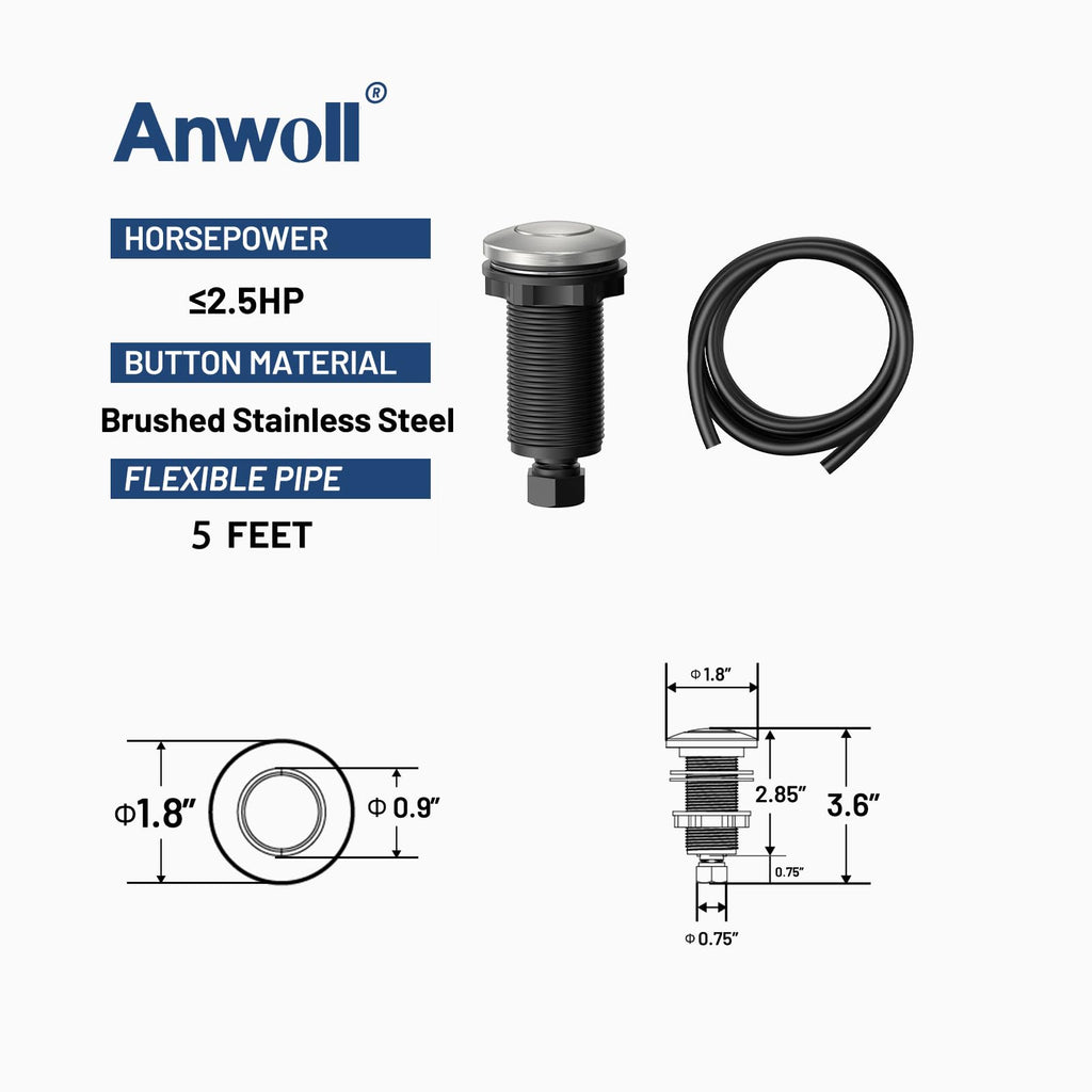 ANWOLL Air Activated Sinktop Switch Push Button for Garbage Disposal, Stainless Steel Brushed/with Air Hose, Long Brass Cover