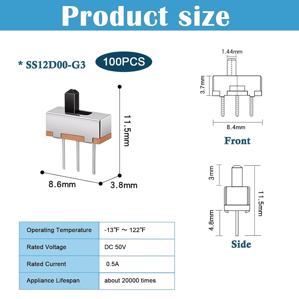100PCS 3mm High Knob Vertical Micro Mini Slide Switchs,3 Pin 2 Position 1P2T SPDT Toggle Switches Panel Mount DC 50V 0.5A SS12D00-G3