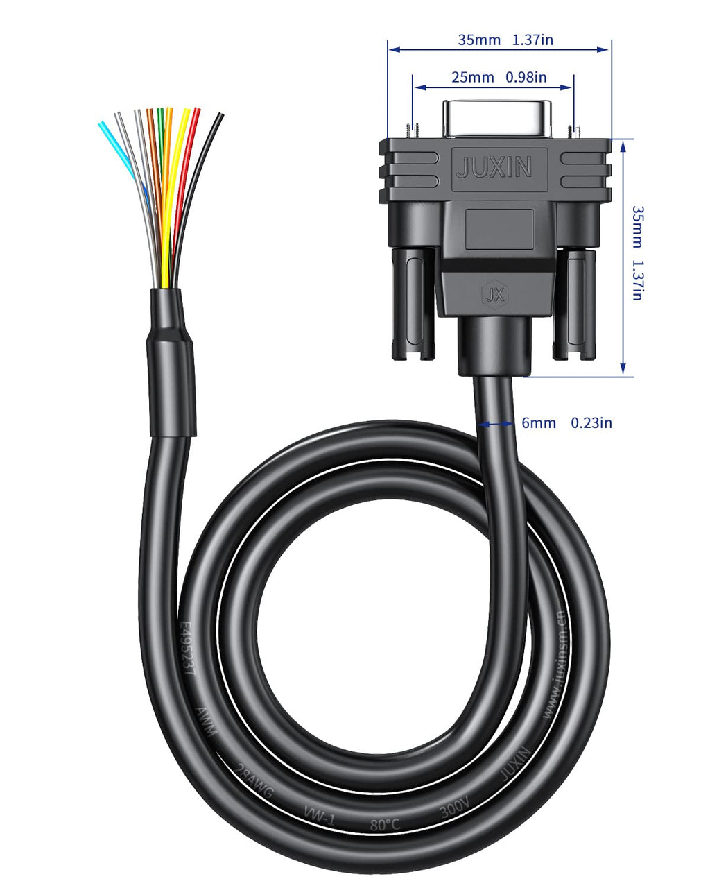 DB9 Female Connector to Bare Wire END, D-SUB 9 pin RS232 Serial Extension Cable Double shielde,DB9 to 9-Core Wires 3ft -Black