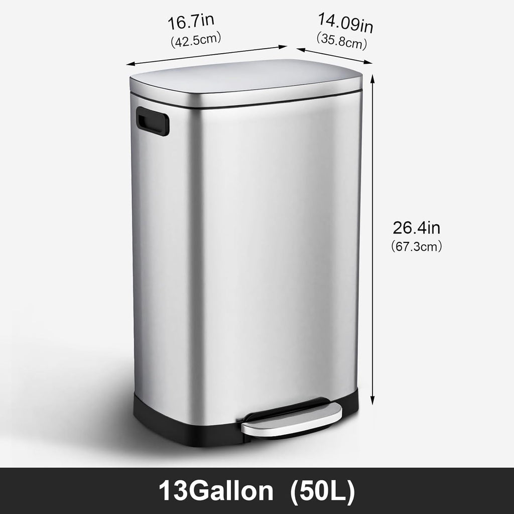 Kitchen Trash Can with Lid Soft Close,13 Gallon / 50L Stainless Steel Pedal Garbage Can, Heavy-Duty Fingerprint Proof