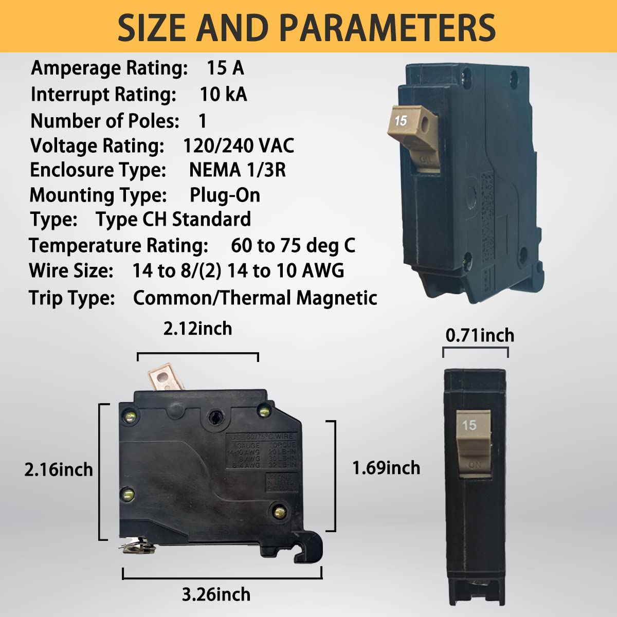 15 Amp 1-Pole Circuit Breaker, 3/4-Inch Plug-in Type Molded Case