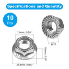 10 Pcs M10 x 1.5mm Serrated Flange Hex Nuts, 304 Stainless Steel