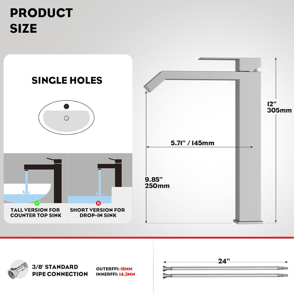 Brushed Nickle Single Hole Tall Vessel Sink Bathroom Faucet, Above Counter Single Handle Square Waterfall Vessel
