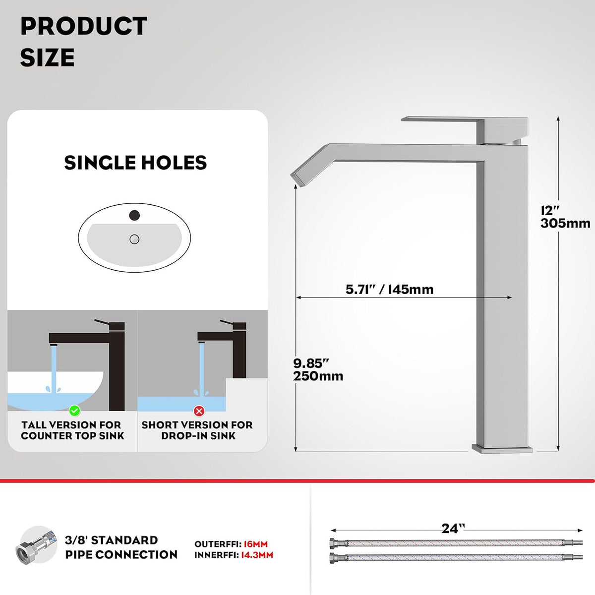 Brushed Nickle Single Hole Tall Vessel Sink Bathroom Faucet, Above Counter Single Handle Square Waterfall Vessel