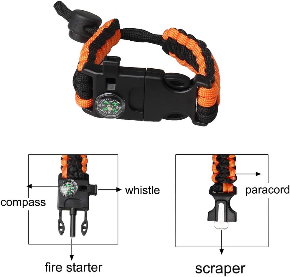 Survival Paracord Bracelet Flint Fire Starter Scraper Compass Wilderness Survival Whistle Adjustable Wristband 2Pack