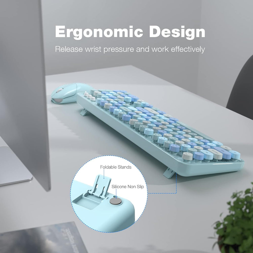 Wireless Keyboard and Mouse Combo, Retro Keyboard with Round Keycaps, 2.4GHz Dropout-Free Connection, Cute Wireless