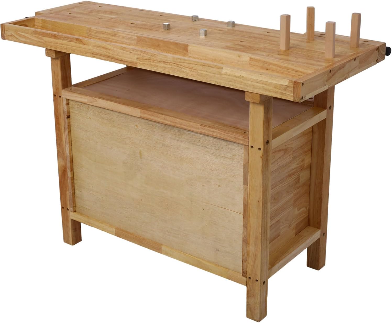 55" Rubber Wood Workbench, Heavy Duty Garage Work Table with Drawers & Storage Shelves, Natural Finish, 104.5 lbs –