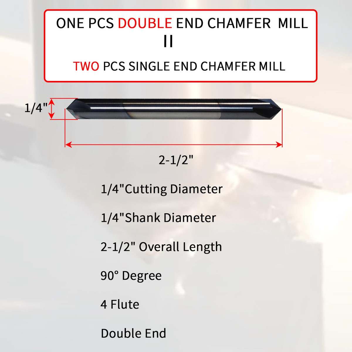 1/4" Chamfer Mill, Carbide, 4 Flute, 90° Degree, Double End