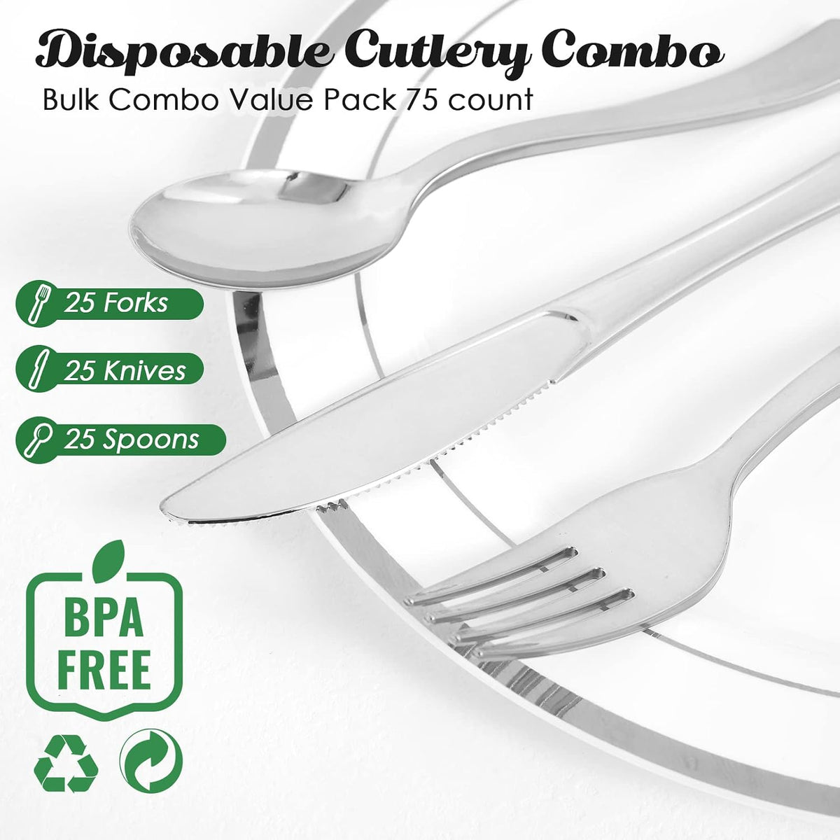 75 Pack Silver Plastic Silverware, Disposable Cutlery Set
