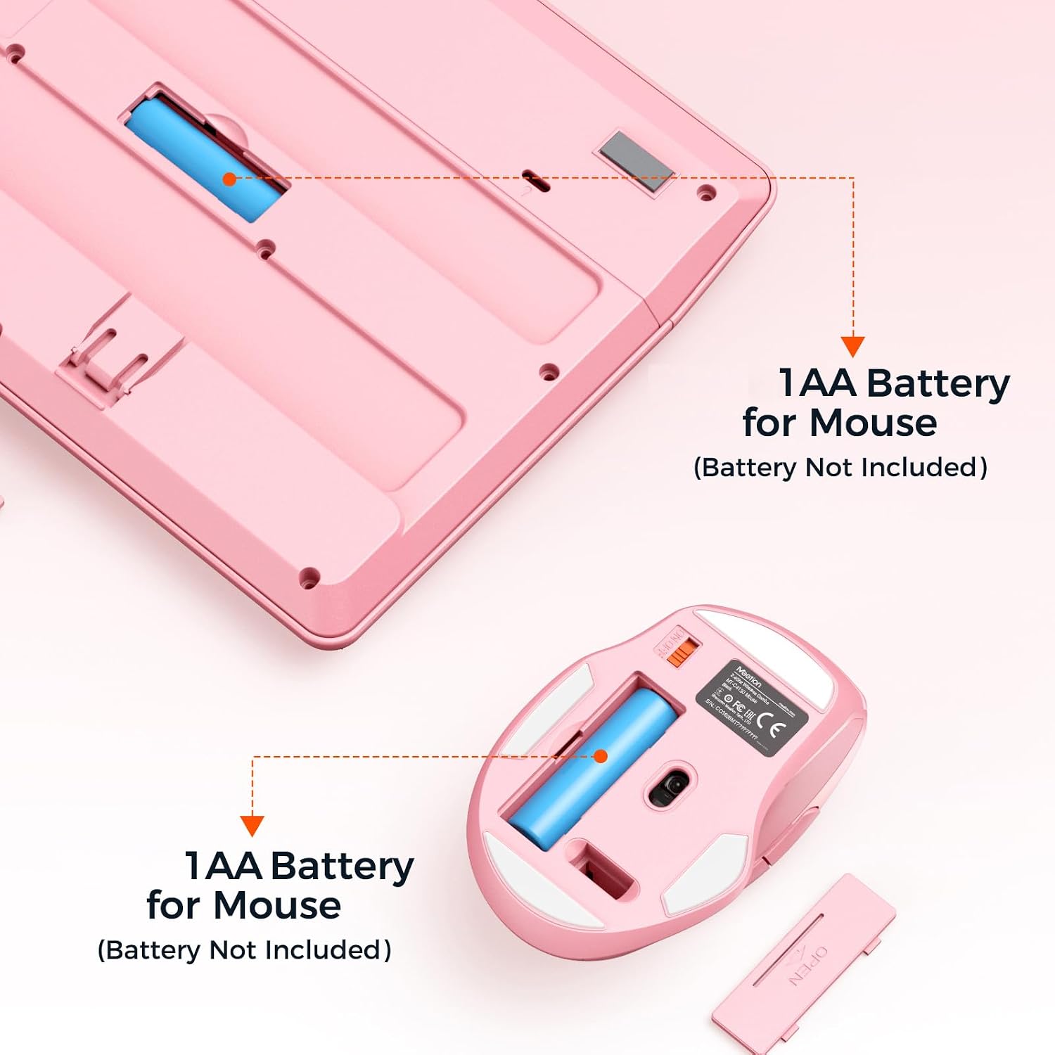 Wireless Keyboard and Mouse Combo, Full-Size with Wrist Rest, Pink | 2.4GHz USB receiver, 3 adjustable DPI mouse