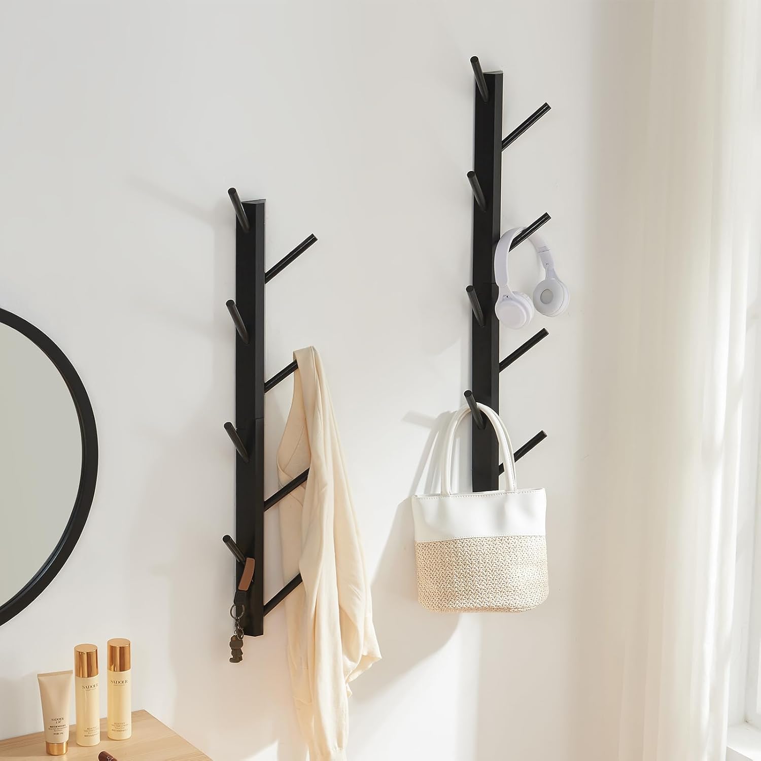 2 Pack Coat Rack Vertical Wall Mount, Bamboo Coats Hooks Clothes Holder Hanger for Wall Coat Hat Jacket Clothing