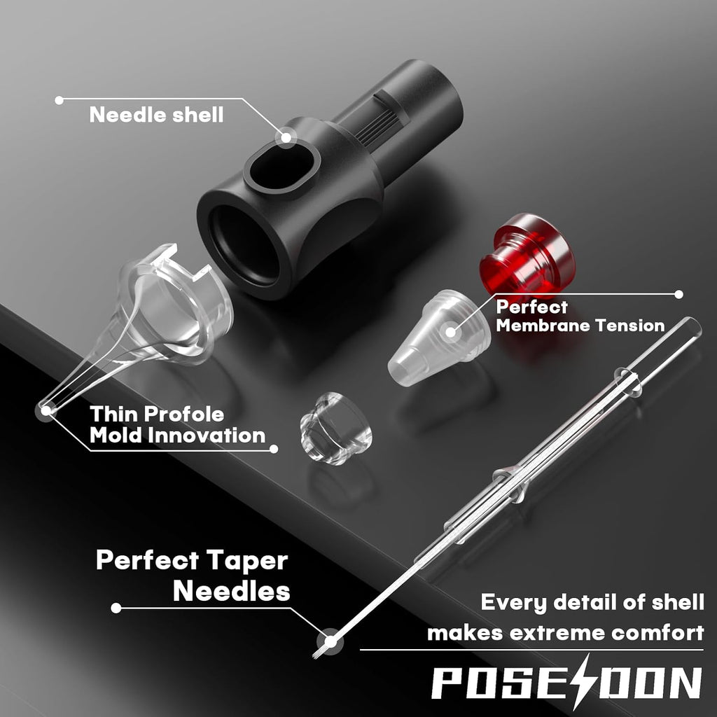 POSEIDON 50PCS Tattoo Cartridge Needles Assorted Mixed Size #12 Round Liner Shader Magnum - 5RL 7RL 9RL 5RS 7RS 9RS