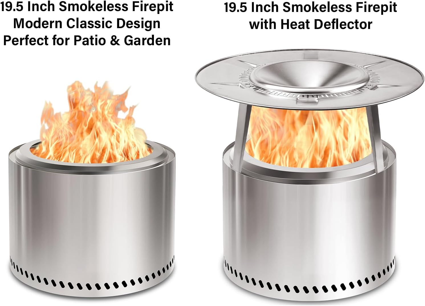 19.5" Smokeless Fire Pit Outdoor, Stainless Steel Wood Burning Firepit with Secondary Combustion, Backyard Patio