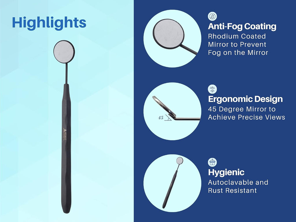 Dental Mirror Stainless Steel Matte Black, Set of 5 Dental Mirrors Front Surface Rhodium Plasma Coated for General