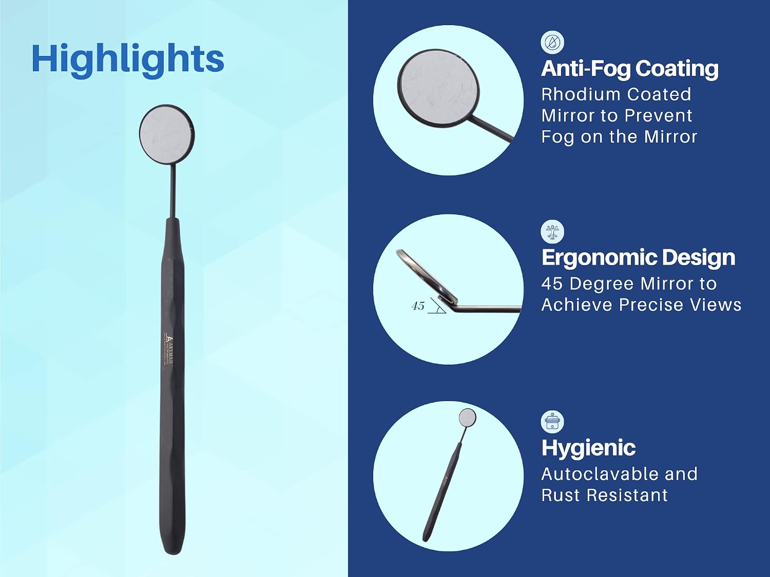 Dental Mirror Stainless Steel Matte Black, Set of 5 Dental Mirrors Front Surface Rhodium Plasma Coated for General