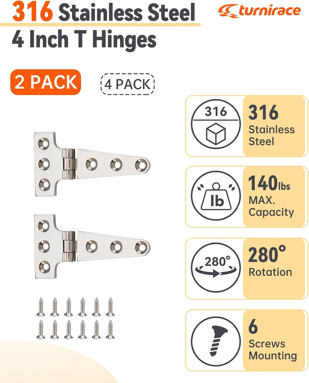 316 Stainless Steel T Hinges, 4 x 2 in