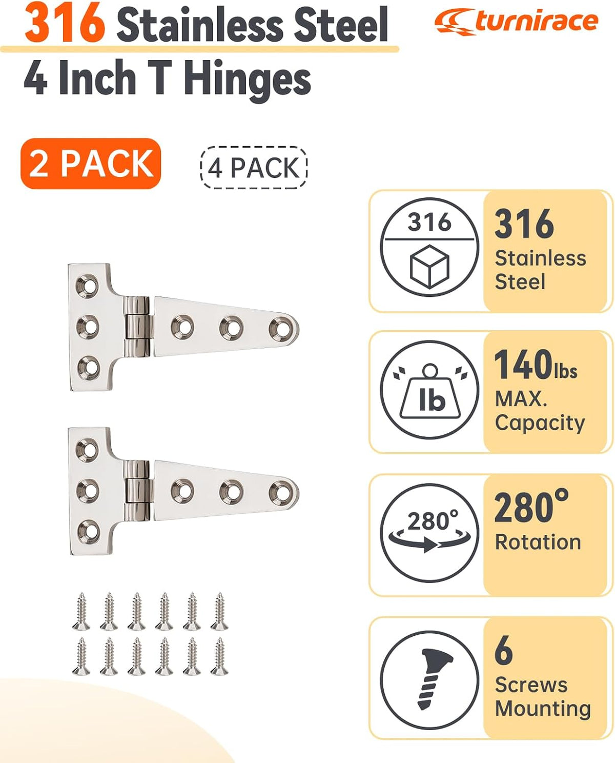 316 Stainless Steel T Hinges, 4 x 2 in