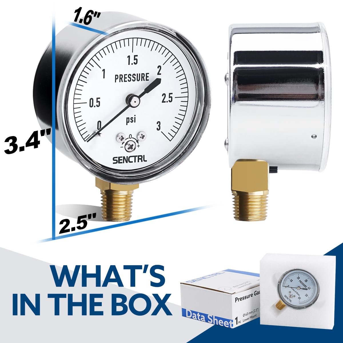 SENCTRL 0-3 Psi Low Pressure Gauge, 1/4" NPT Lower Mount