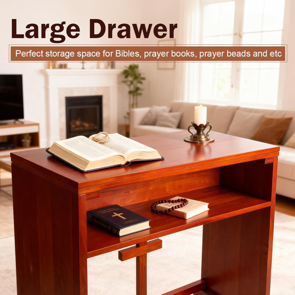 Wooden Prayer Kneeler with Storage Shelf & Cushion - Folding Prayer Bench for Home and Church, Comfortable Kneeling