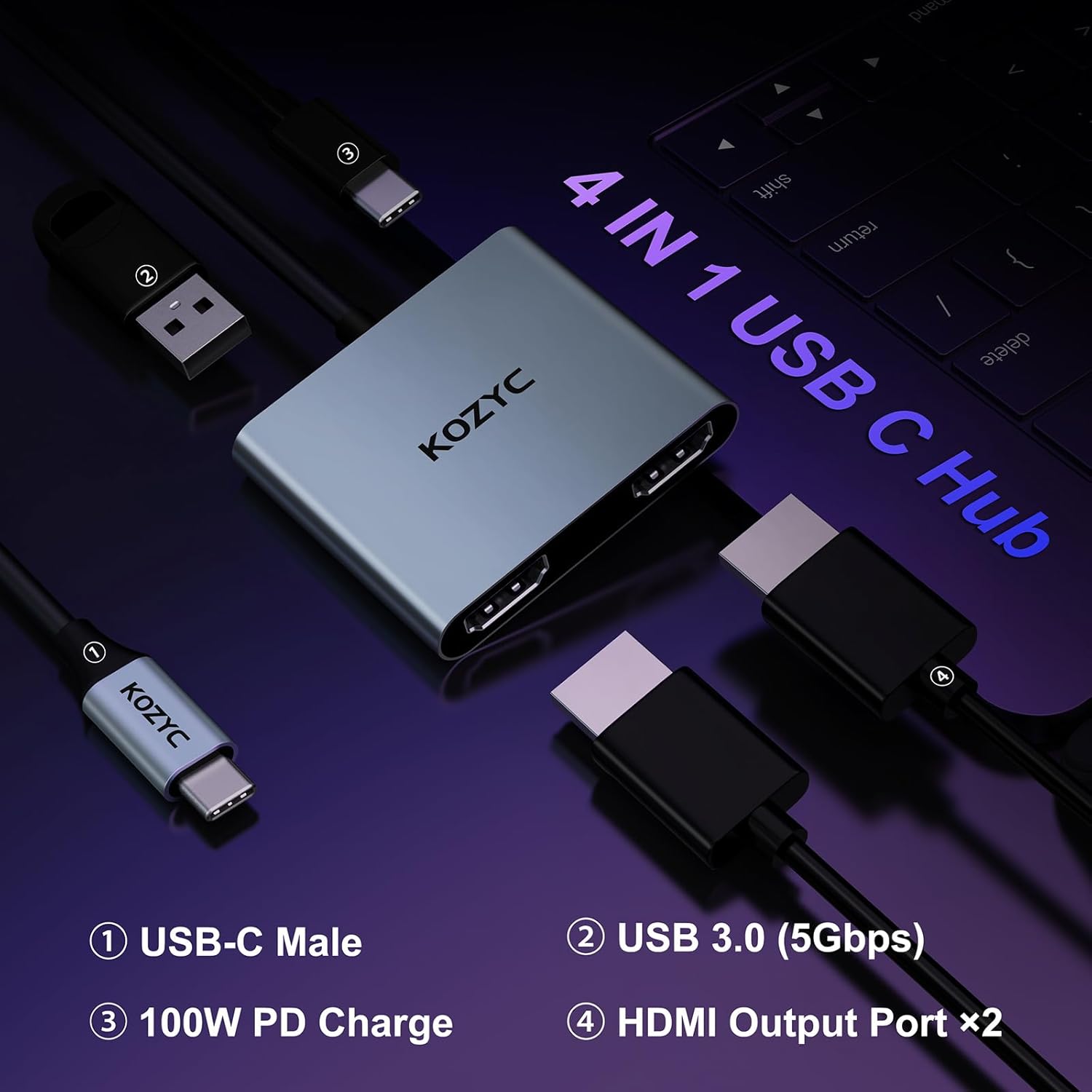 USB C to Dual HDMI Adapter 4K@30Hz, KOZYC USB C Hub Multiport Adapter with 2xHDMI, USB 3.0, 100W PD, Support USB C to