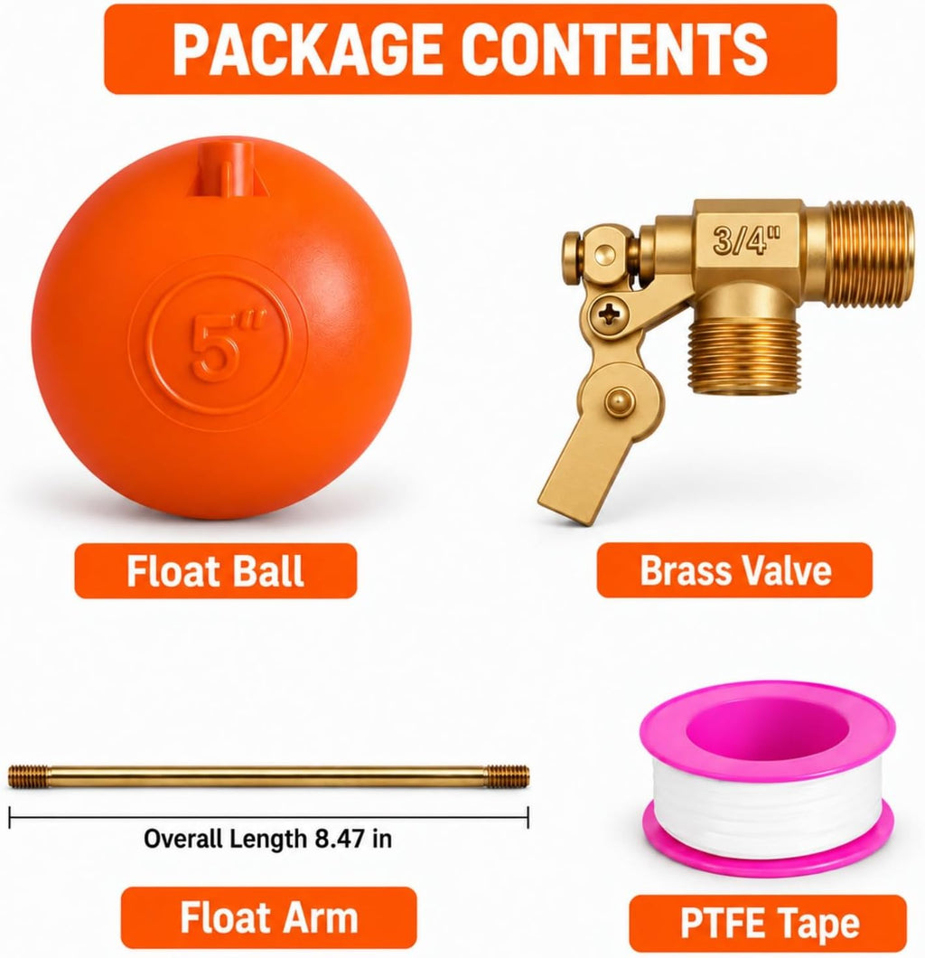 3/4 Inch Brass Float Valve for Water Tank, Automatic Water Level Control