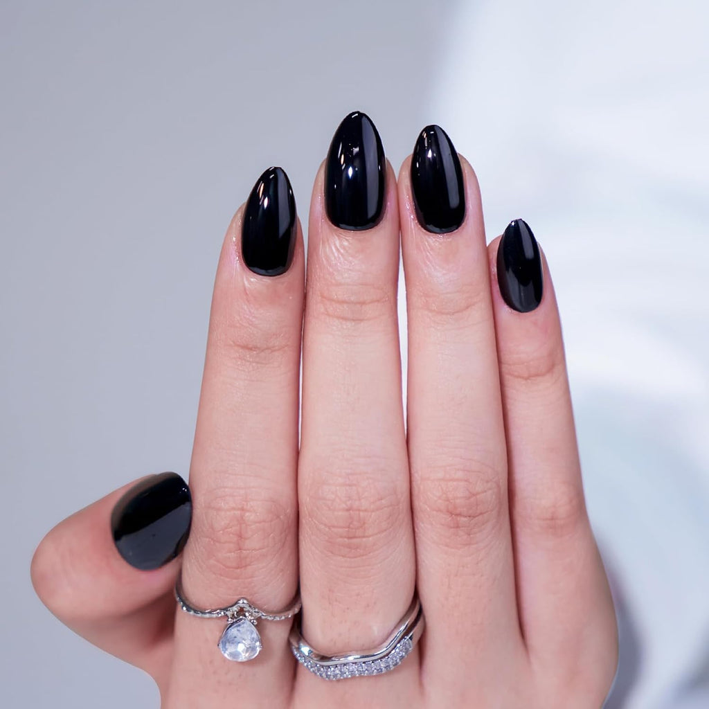 Press on Nails, Short Almond Black Fake Nails, 32Pcs Full Kit