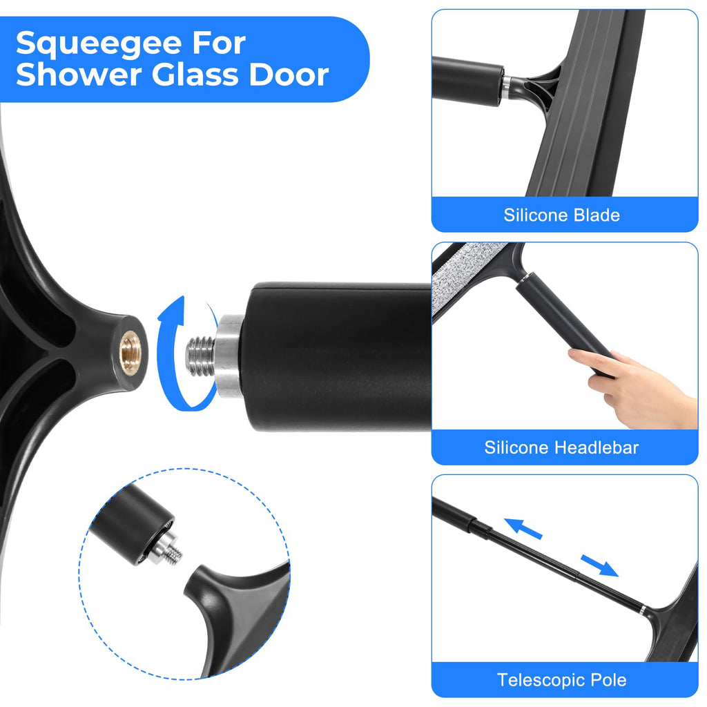 Shower Squeegee with Long Handle, Telescoping Window and Floor Wiper