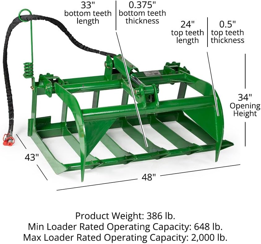 48" Economy Series Root Grapple Bucket Attachment, Hook and Pin Connection, Single 3,000 PSI Cylinder with Cylinder