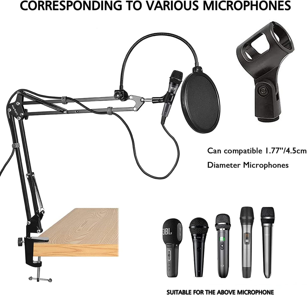 Microphone Stand for Blue Yeti, Quadcast Boom Arm Scissor Mic Stand with Windscreen and Double layered screen Pop