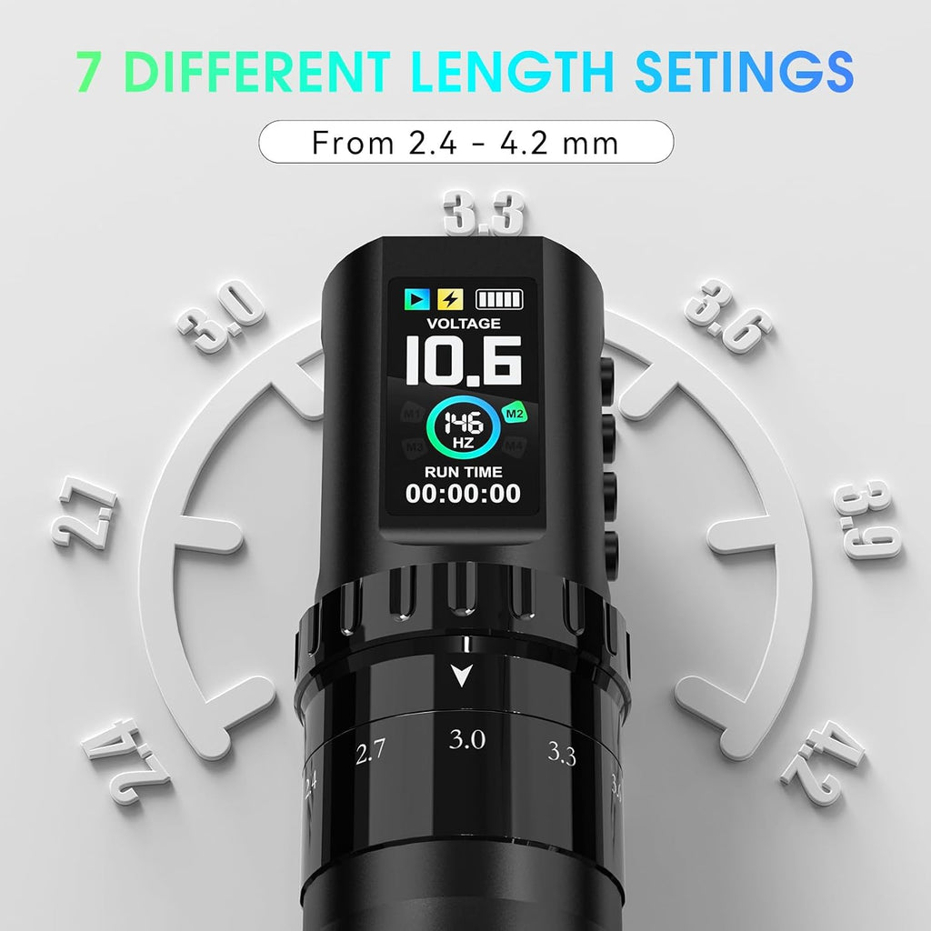 Gun, Rotary Tattoo Pen with 2 Pcs 1800mAh Large Capacity Batteries, 7 Adjustable Stroke Lengths, High Torque Motor &