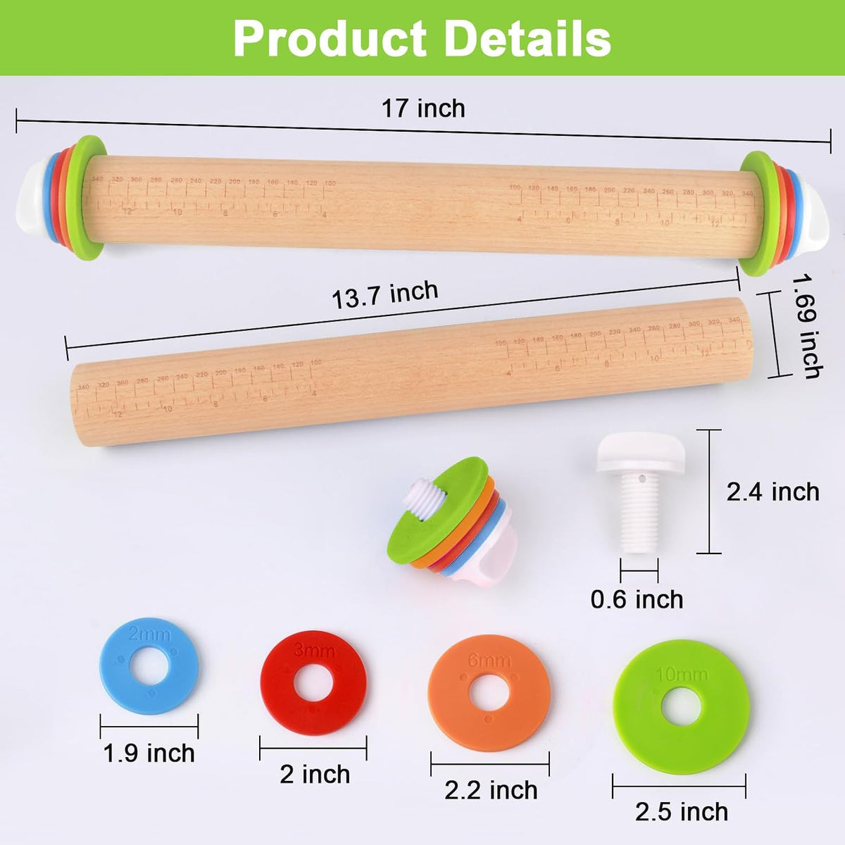 Wood Rolling Pin with Thickness Rings, Adjustable Wooden Rolling Pins for Baking, Dough Roller Pins for Cookie Pastry