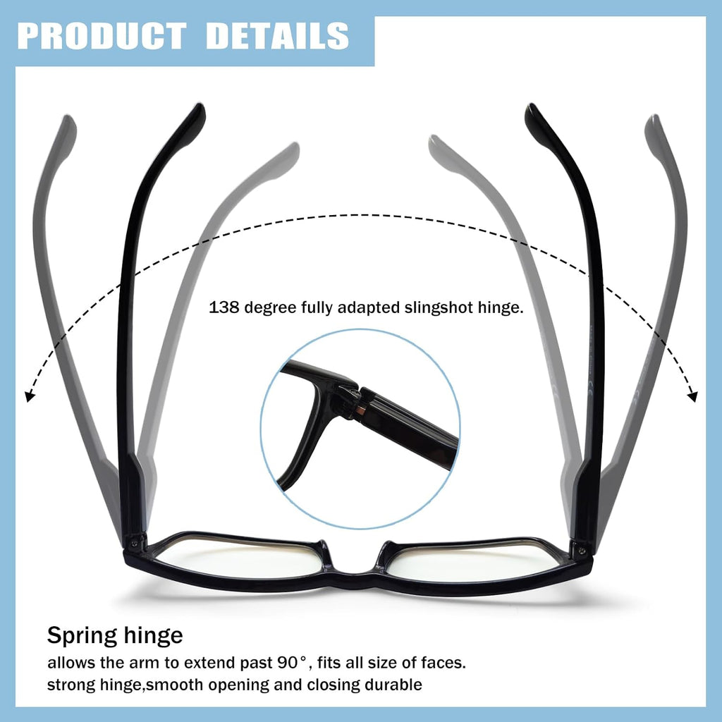4 Pack Reading Glasses for Men and Women with Spring Hinges, Lightweight Black Rectangular Readers Eyeglasses