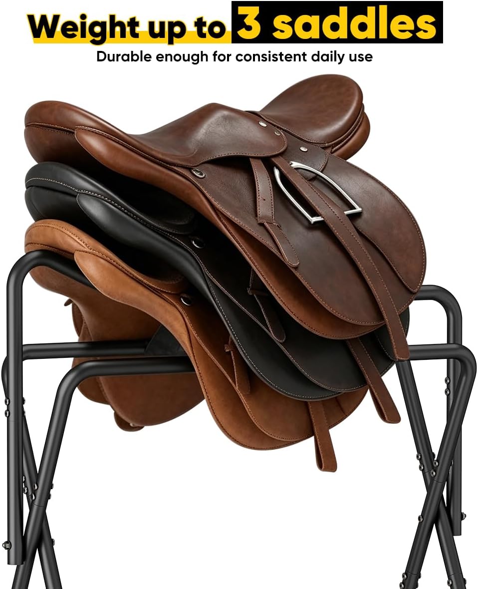 Horse Saddle Rack for English Saddle, Foldable Saddle Stand with Bottom Storage for Horse Tack, Saddle Pad Rack for