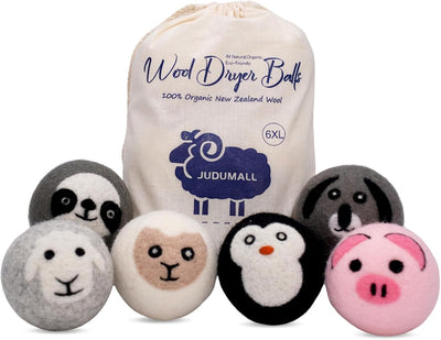 Wool Dryer Balls, XL 6-Pack, Cute Animal Fabric Softener