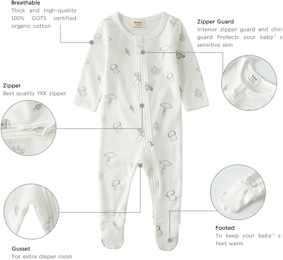 Baby Footed Pajamas 0-18M, Organic Cotton Zip Sleeper, Long Sleeve