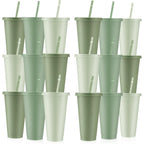 24 Pcs Sage Green Plastic Cups with Lids and Straws 24 oz