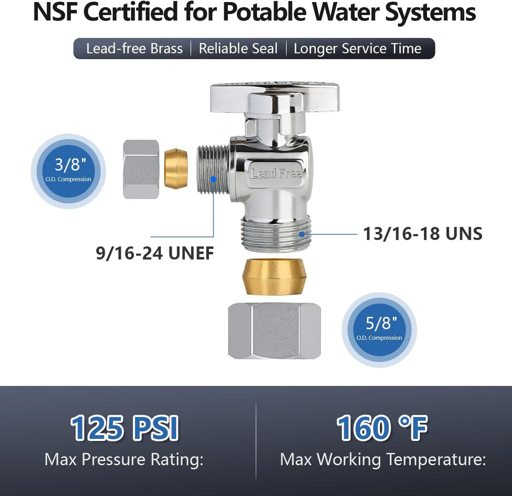 Angle Stop Valve 1/2" Nominal (5/8" OD) x 3/8" Compression | Quarter Turn Toilet Shut Off Reinforced Chrome Plated