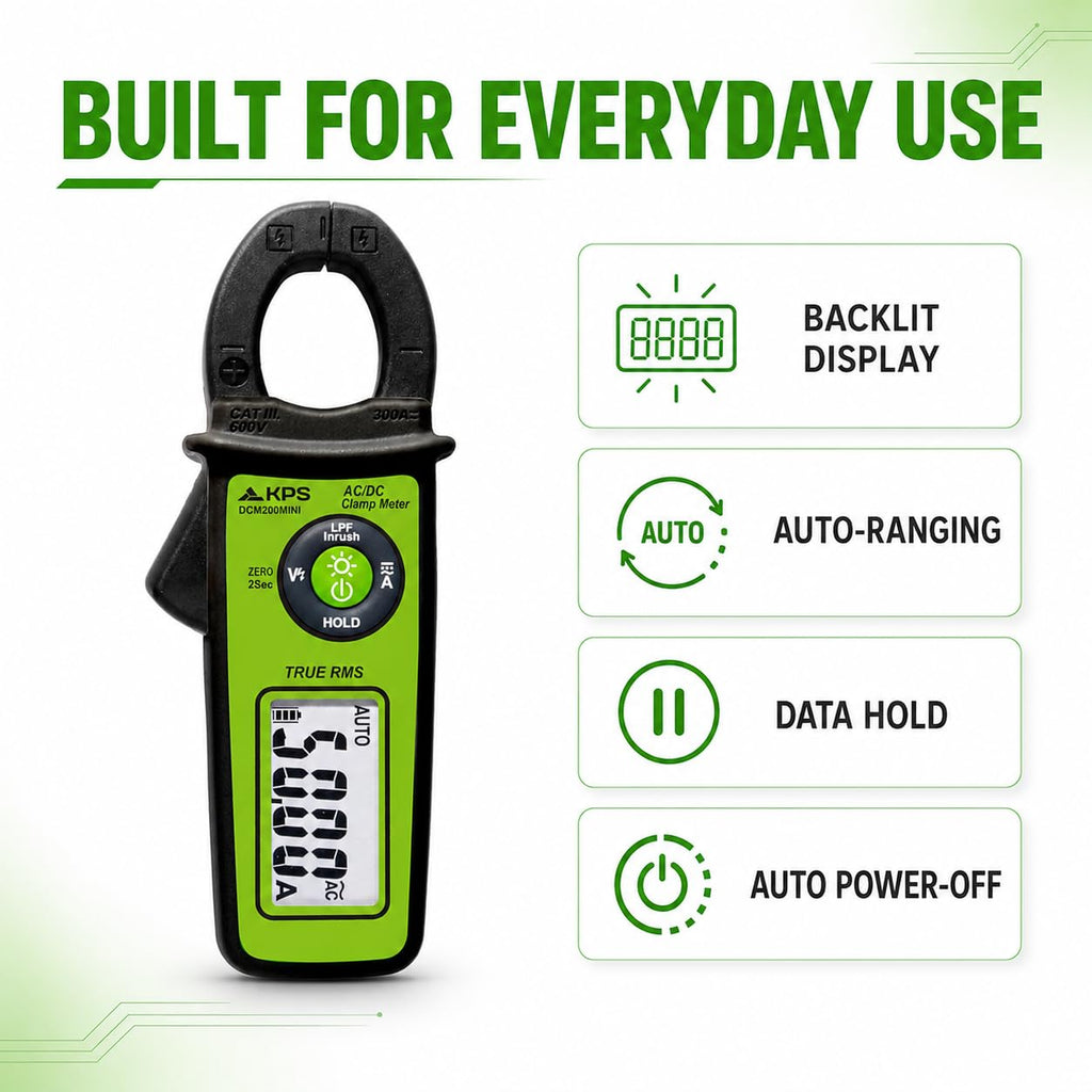 KPS DCM200MINI True RMS Clamp Meter, 300A AC/DC, NCV, 6000-Count Display