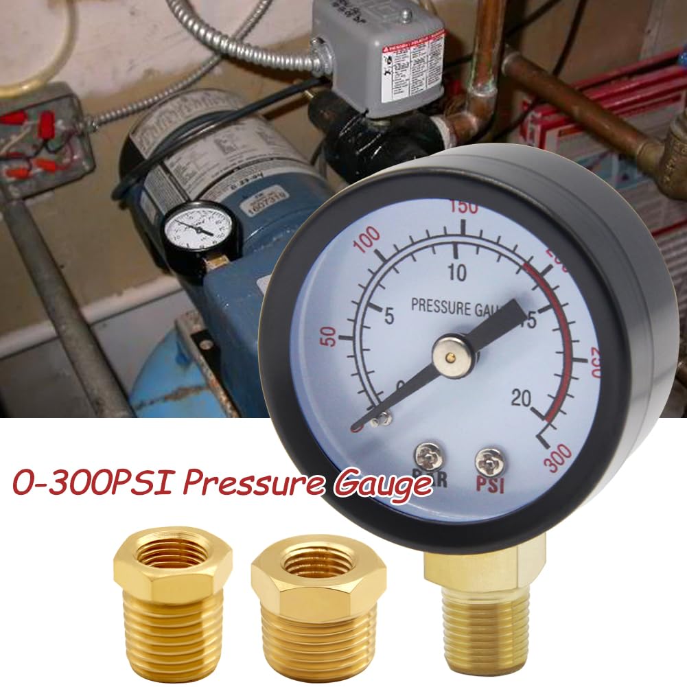 Uenede 0-300PSI Pressure Gauge 1/8" NPT Brass Bottom Mount with Bushing