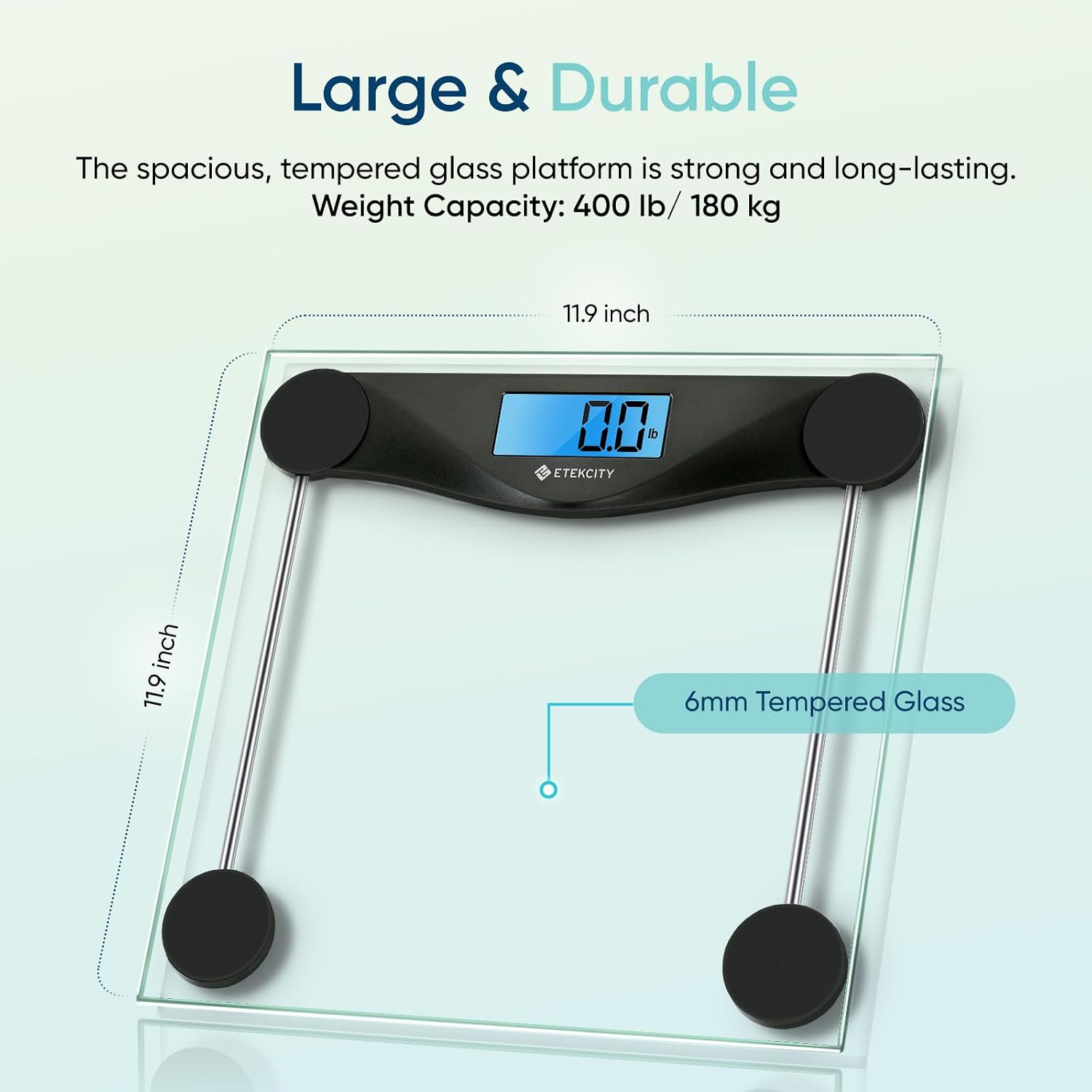 Digital Body Weight Bathroom Scale, 6mm Tempered Glass, Black | 400 Pounds Capacity, Large Blue LCD Backlight