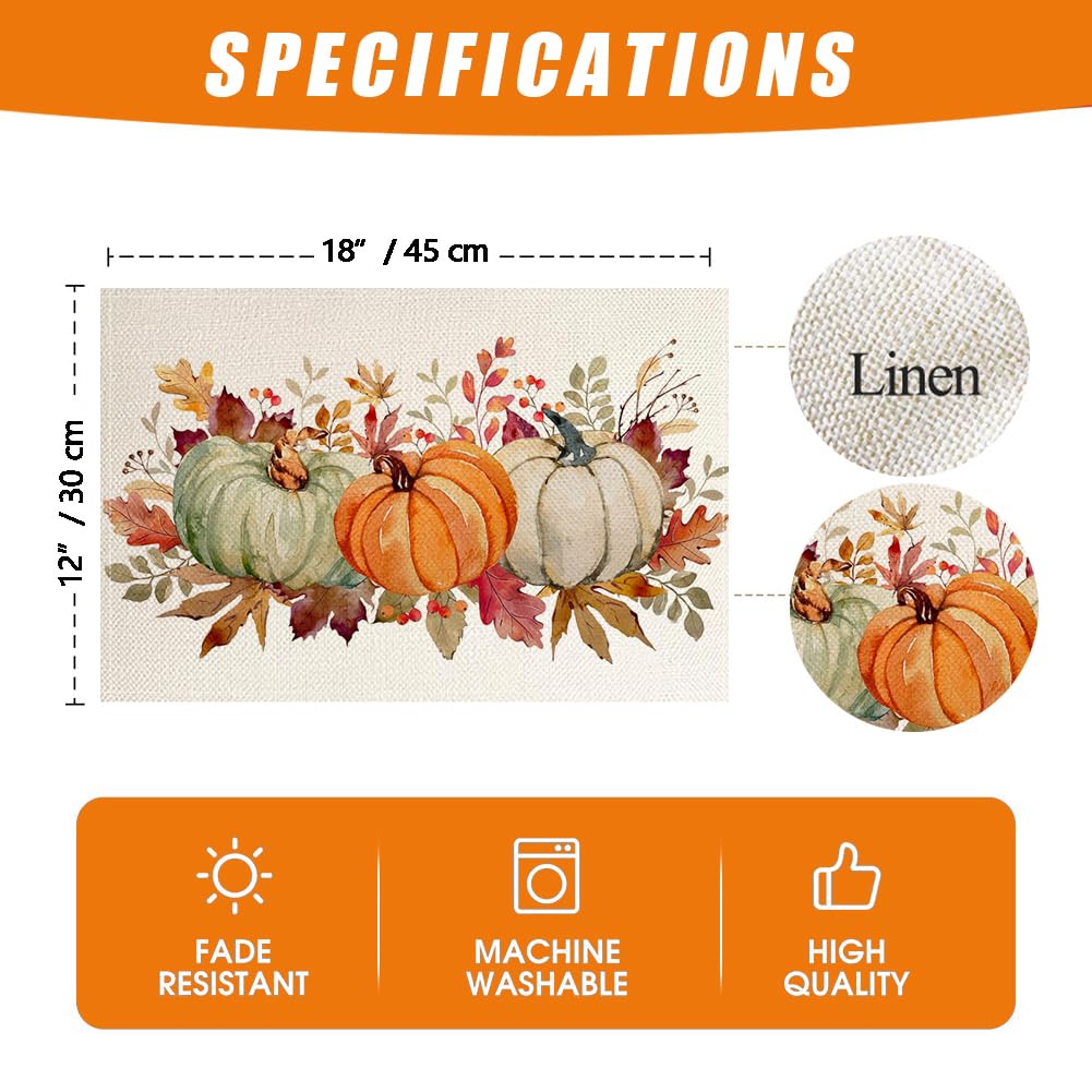 Orange Pumpkins Leaves Fall Placemats Set of 4