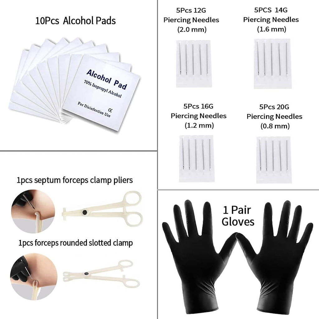 94PCS Mixed-pack Piercing Kits for All Body Piercings Stainless Steel 14G 16G 20G Jewelry and Needle with Tools Nose