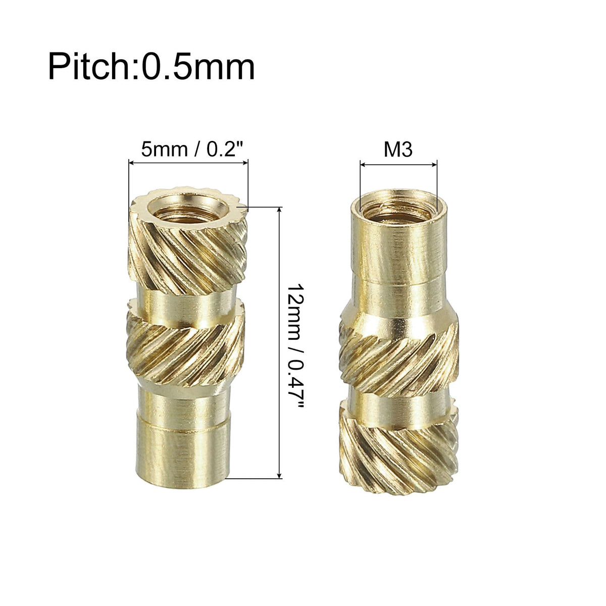 uxcell Knurled Insert Nuts, 50pcs M3 x 12mm L x 5mm OD 3D Printing Brass Nuts Female Threaded Inserts Brass Heat Set Insert Embedment Nuts